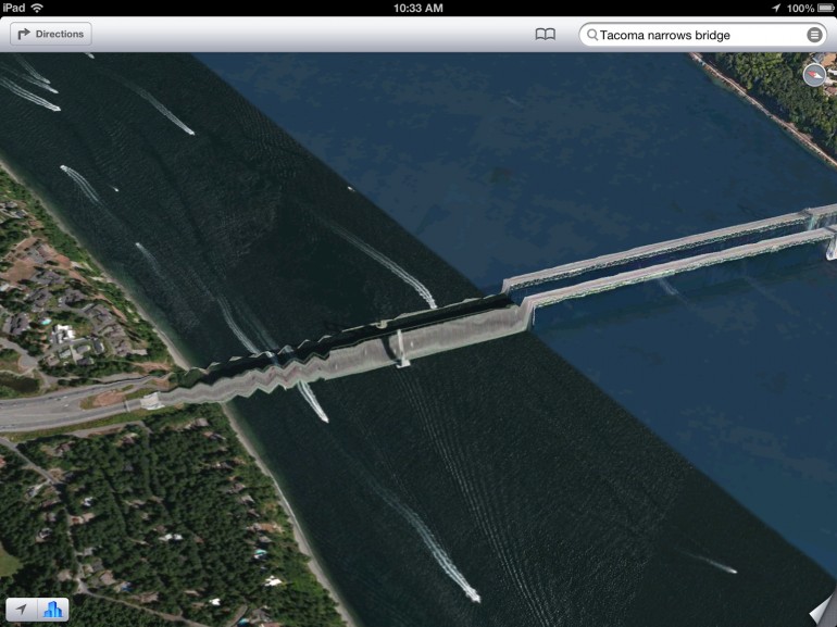 Tacoma Narrows Bridge in Washington State as it appears in Apple's maps app